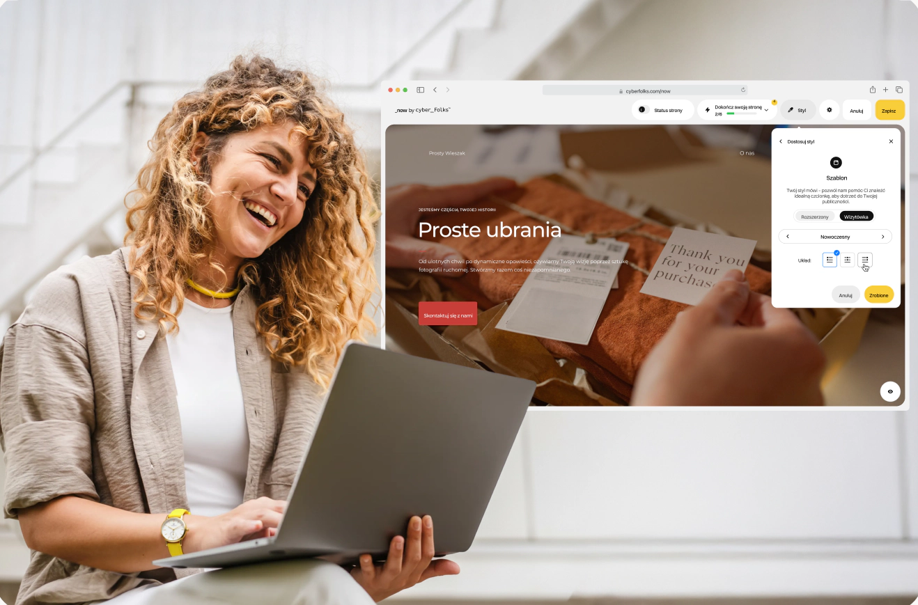 A small-business owner at a laptop, with the cyber_Folks business dashboard beside her