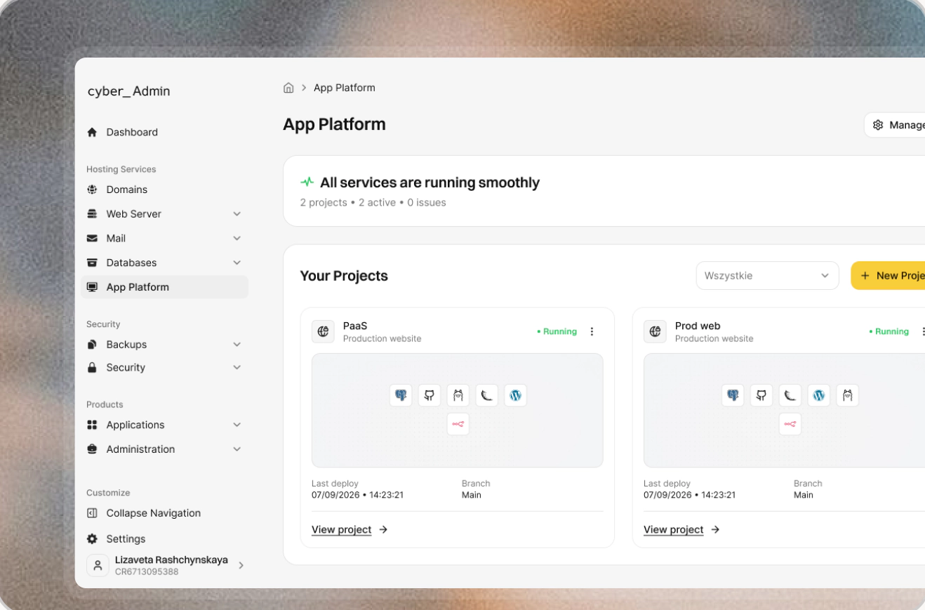 App Platform dashboard: all services running, two projects with their status