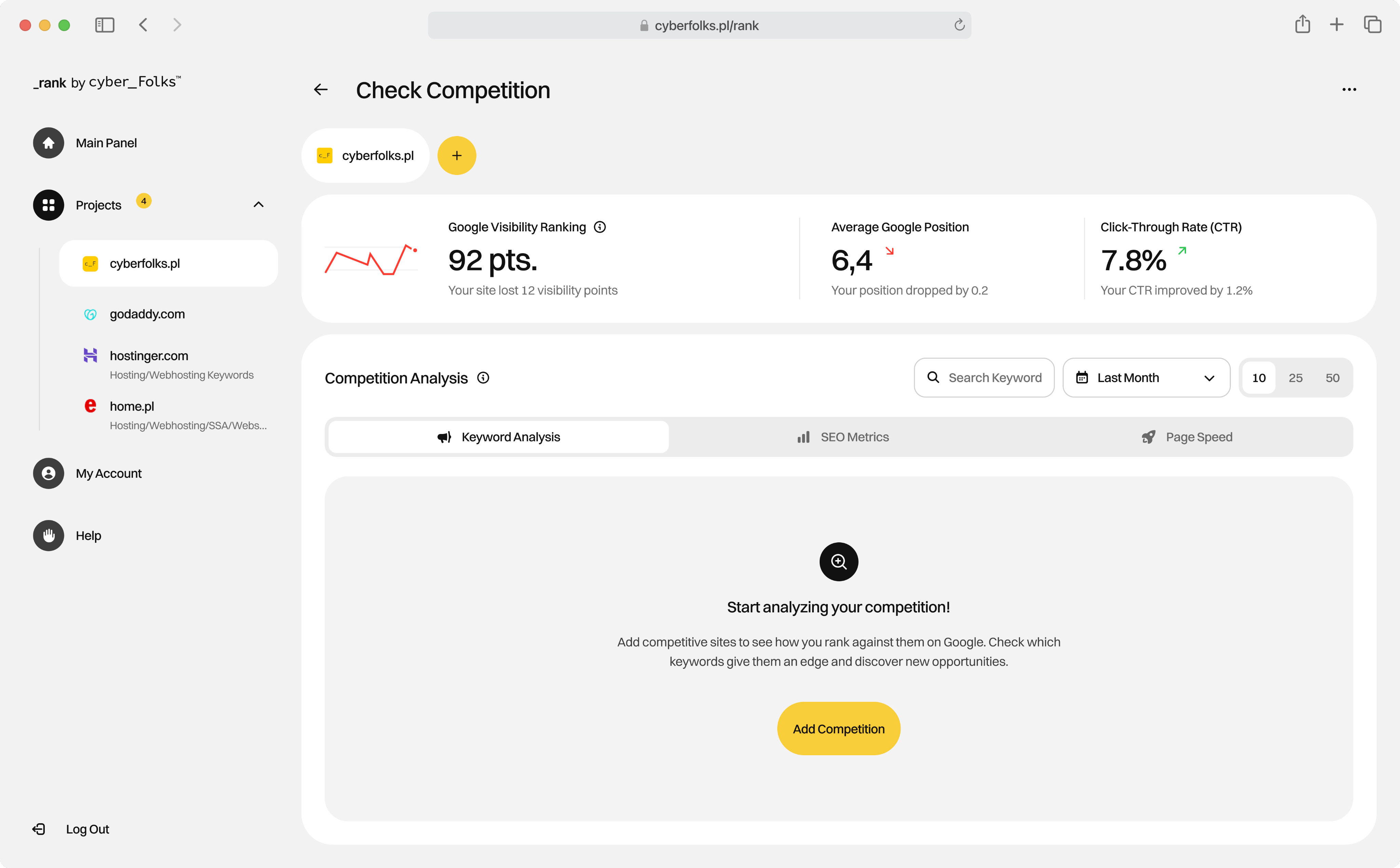 _rank by cyber_Folks: the Check Competition screen, with visibility, position and click-through stats